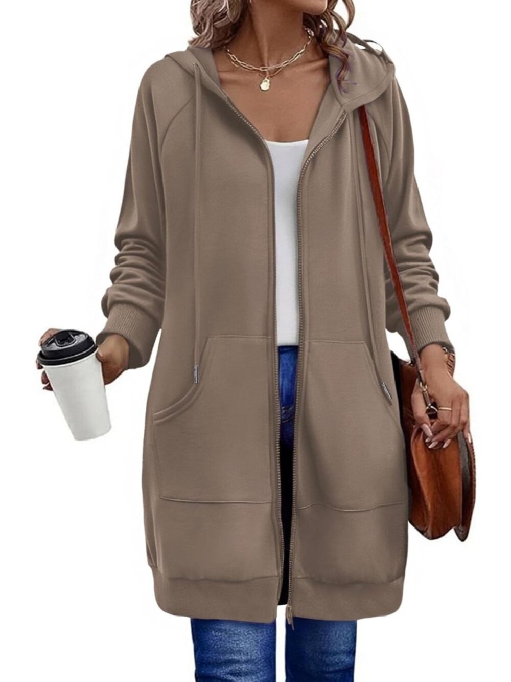 〽️Women's Coffee Grey Long Fleece Zip Up Tunic Hoodie Oversized Casual Jacket